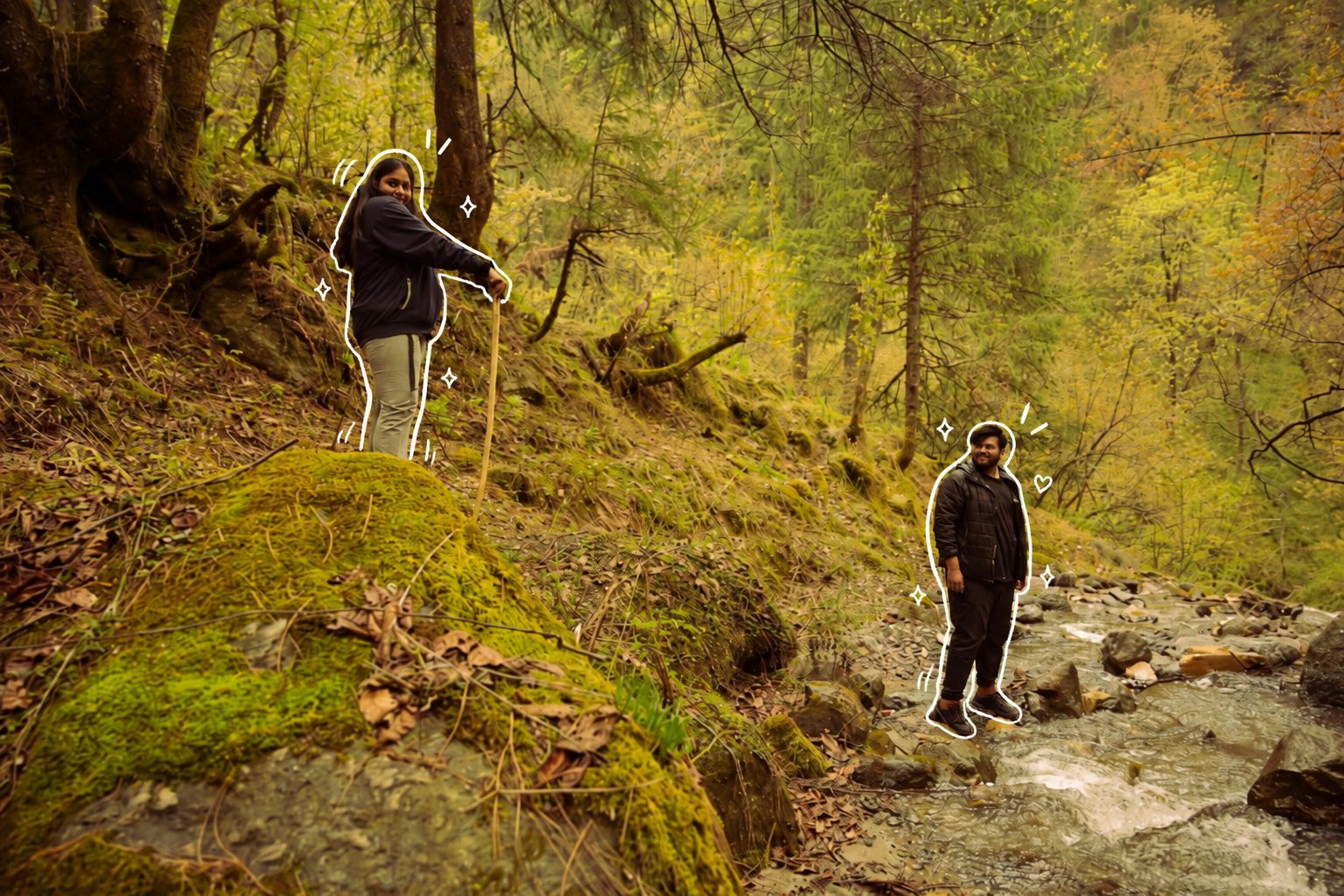 Ritvi Ojha and Arjun Sharma, founders of Touchwood Team, on a forest trail